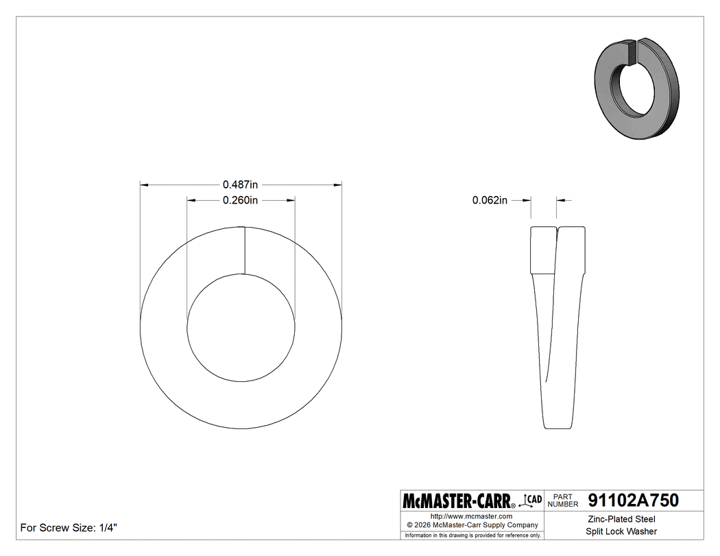 Washer | 1/4" ID x 0.487" OD Locking • Zinc-Plated Steel